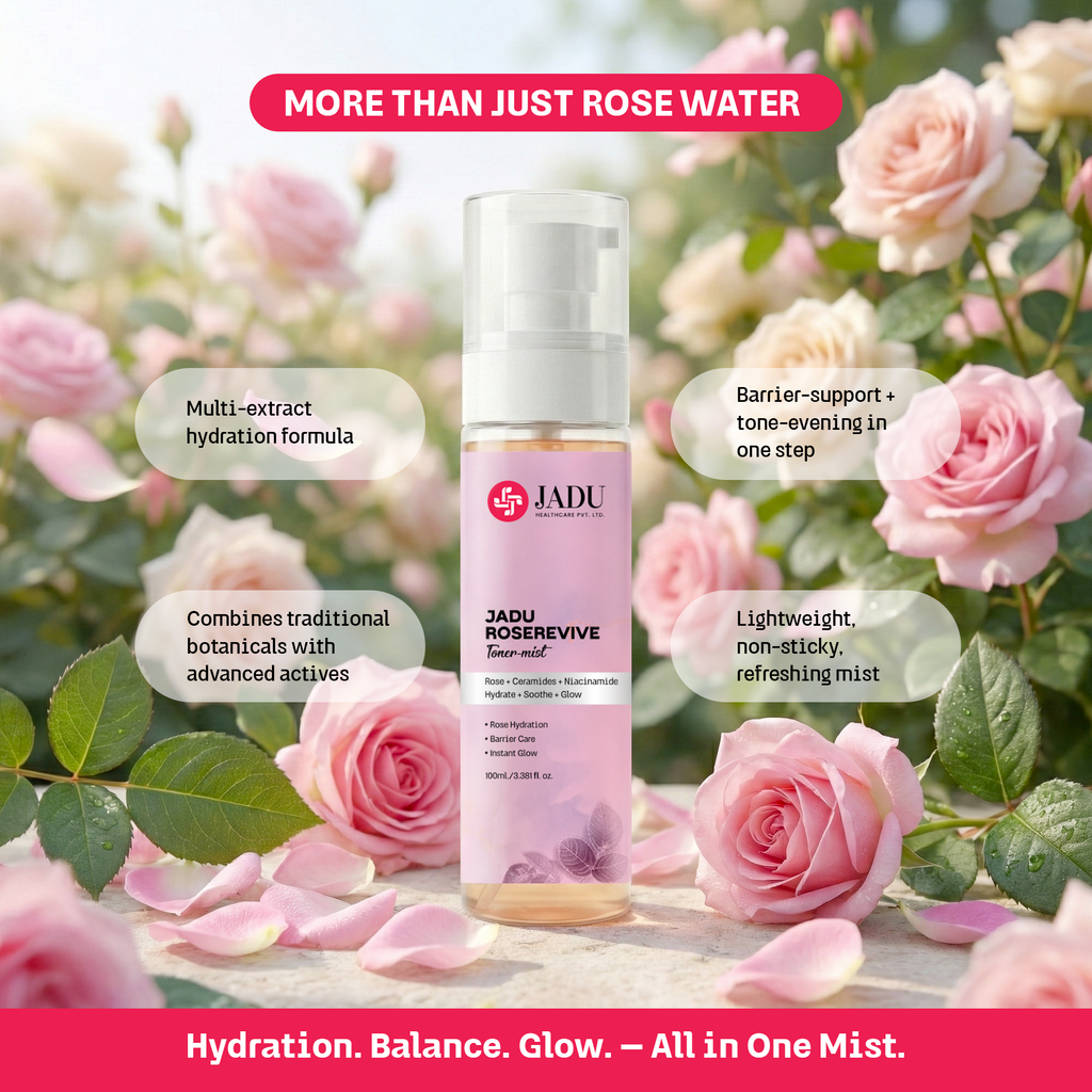 JADU rose water mist bottle with pink roses in the background